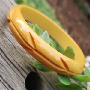 Authentic Art Deco Hand Carved Egg Yolk Yellow Bakelite Bangle Bracelet Folksy